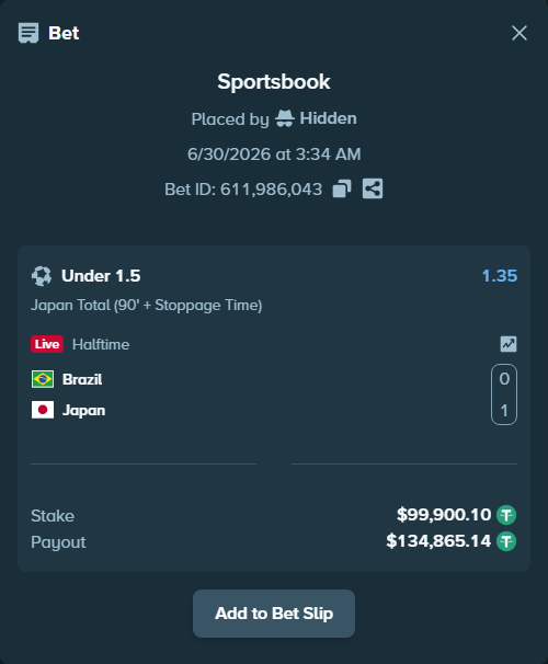 Bet slip: Brazil - Japan, $100,000.00 stake at 1.35 odds, placed by Hidden