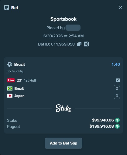 Bet slip: Brazil - Japan, $100,040.00 stake at 1.40 odds, placed by oldmoneyboss