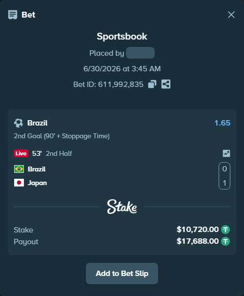 Bet slip: Brazil - Japan, $10,730.72 stake at 1.65 odds, placed by thesakultah