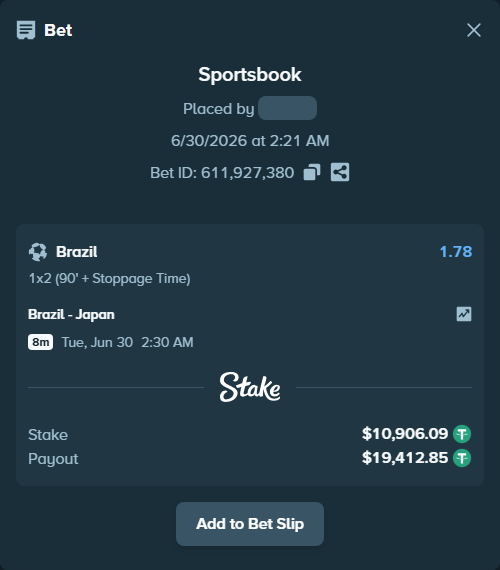 Bet slip: Brazil - Japan, $10,917.00 stake at 1.78 odds, placed by Monarcagold