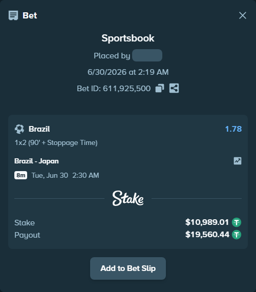 Bet slip: Brazil - Japan, $11,000.00 stake at 1.78 odds, placed by guoziqi9