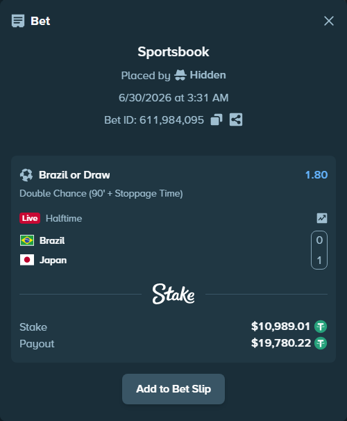 Bet slip: Brazil - Japan, $11,000.00 stake at 1.80 odds, placed by Hidden