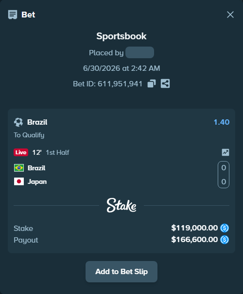 Bet slip: Brazil - Japan, $119,000.00 stake at 1.40 odds, placed by scrubbylolol