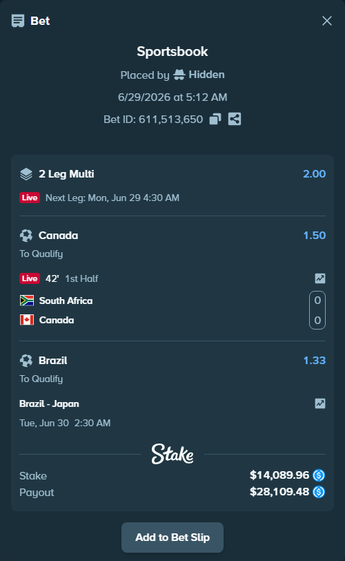 Bet slip: Brazil - Japan, $14,089.96 stake at 1.33 odds, placed by Hidden