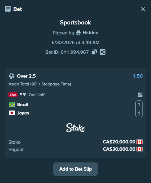 Bet slip: Brazil - Japan, $14,800.00 stake at 1.50 odds, placed by Hidden