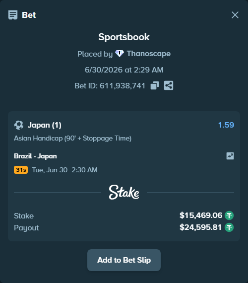 Bet slip: Brazil - Japan, $15,500.00 stake at 1.59 odds, placed by Thanoscape
