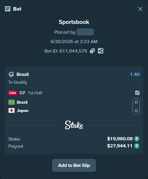 Bet slip: Brazil - Japan, $20,000.00 stake at 1.40 odds, placed by simpan1337