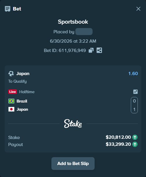 Bet slip: Brazil - Japan, $20,832.81 stake at 1.60 odds, placed by fhvsports