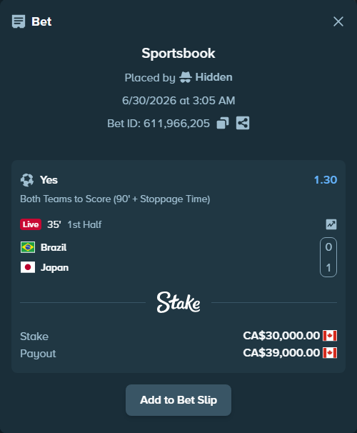 Bet slip: Brazil - Japan, $22,200.00 stake at 1.30 odds, placed by Hidden