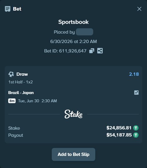 Bet slip: Brazil - Japan, $24,881.67 stake at 2.18 odds, placed by Bajarangg83