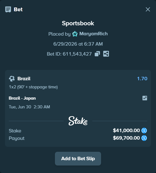 Bet slip: Brazil - Japan, $41,000.00 stake at 1.70 odds, placed by MaryamRich