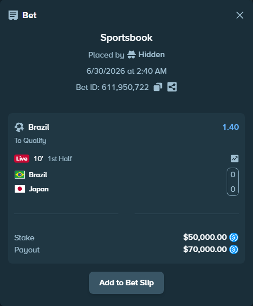 Bet slip: Brazil - Japan, $50,000.00 stake at 1.40 odds, placed by Hasse5