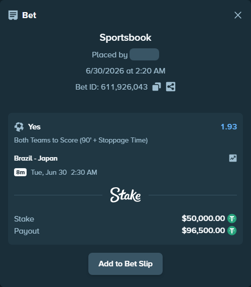 Bet slip: Brazil - Japan, $50,050.00 stake at 1.93 odds, placed by Bajarangg83