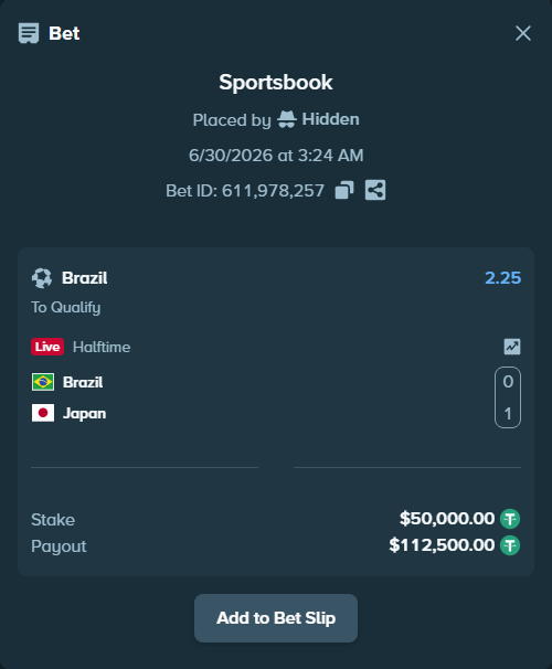 Bet slip: Brazil - Japan, $50,050.00 stake at 2.25 odds, placed by Bajarangg83