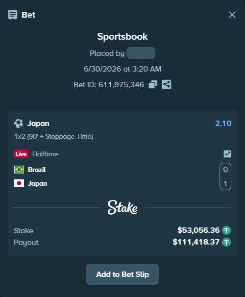 Bet slip: Brazil - Japan, $53,109.42 stake at 2.10 odds, placed by tervit