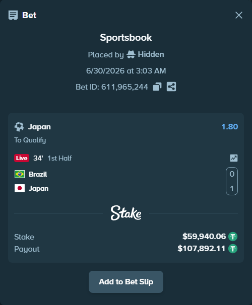 Bet slip: Brazil - Japan, $60,000.00 stake at 1.80 odds, placed by Hidden