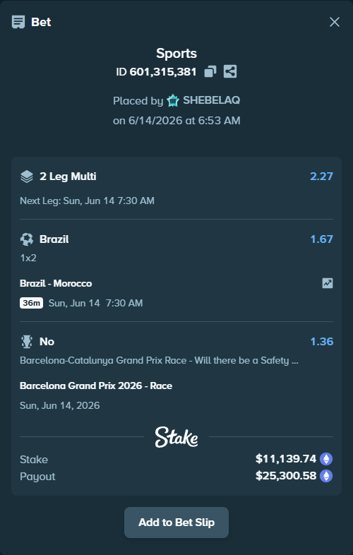 Bet slip: Brazil - Morocco, $11,539.76 stake at 1.67 odds, placed by SHEBELAQ