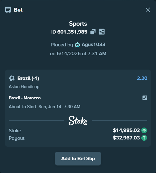 Bet slip: Brazil - Morocco, $15,000.00 stake at 2.20 odds, placed by Agus1033