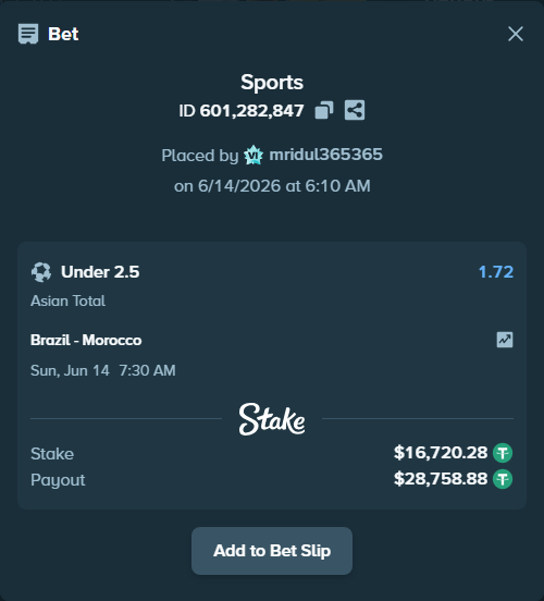 Bet slip: Brazil - Morocco, $16,737.00 stake at 1.72 odds, placed by mridul365365
