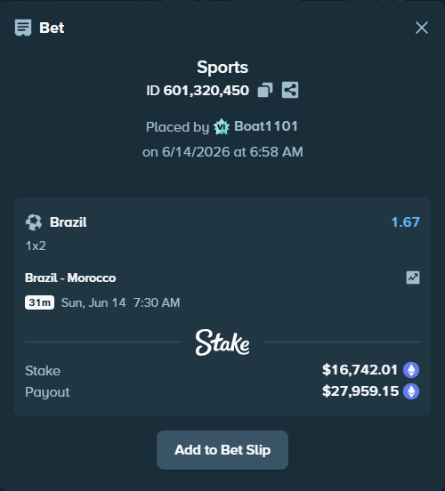 Bet slip: Brazil - Morocco, $17,343.20 stake at 1.67 odds, placed by Boat1101
