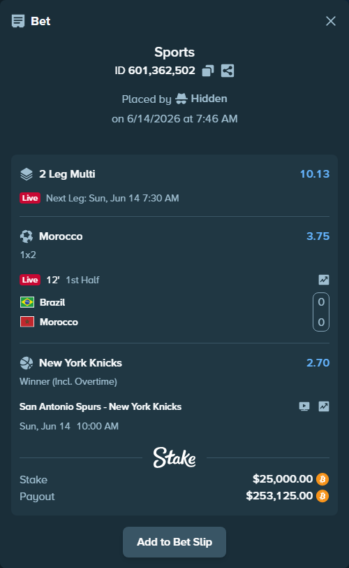 Bet slip: Brazil - Morocco, $24,976.12 stake at 3.75 odds, placed by Hidden