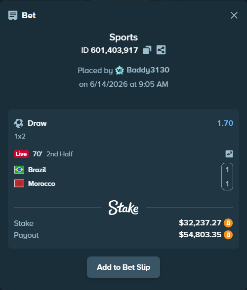 Bet slip: Brazil - Morocco, $32,165.00 stake at 1.70 odds, placed by Baddy3130