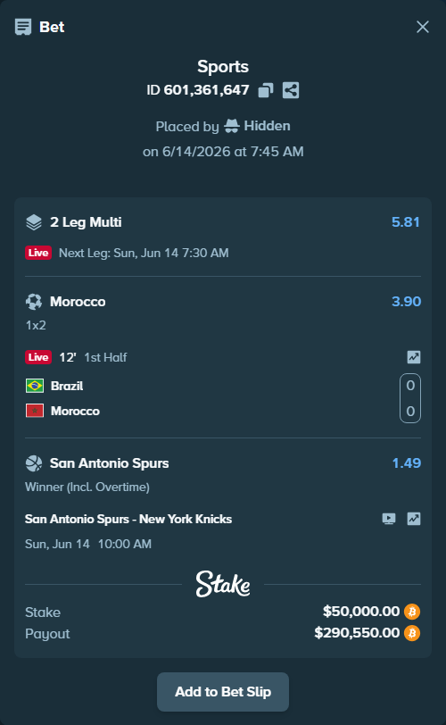 Bet slip: Brazil - Morocco, $49,952.24 stake at 3.90 odds, placed by Hidden