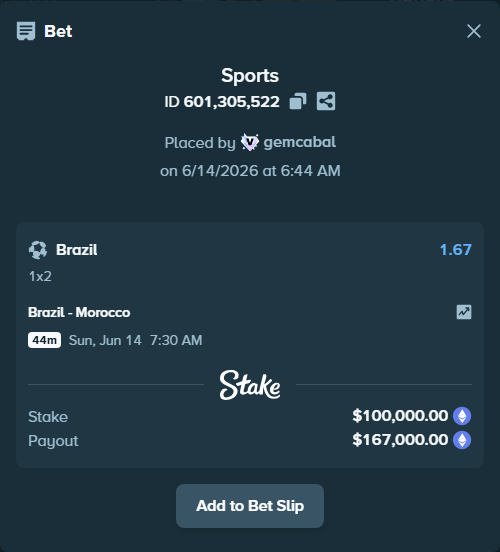 Bet slip: Brazil - Morocco, $103,521.56 stake at 1.67 odds, placed by gemcabal