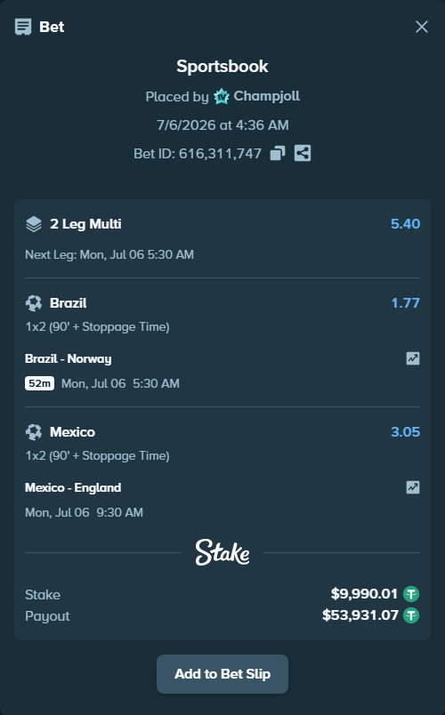 Bet slip: Brazil - Norway, $10,000.00 stake at 1.77 odds, placed by Champjoll
