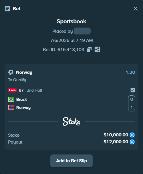 Bet slip: Brazil - Norway, $10,000.00 stake at 1.20 odds, placed by boikot115