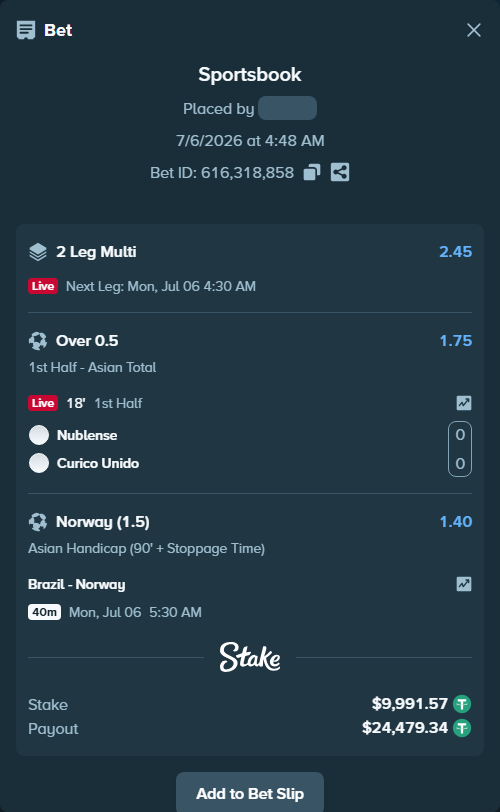 Bet slip: Brazil - Norway, $10,001.56 stake at 1.40 odds, placed by youssefsadik