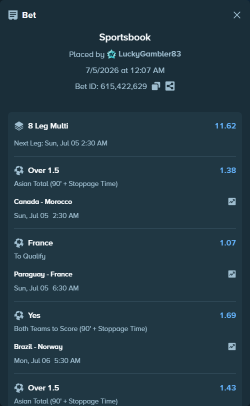 Bet slip: Brazil - Norway, $10,008.10 stake at 1.69 odds, placed by LuckyGambler83