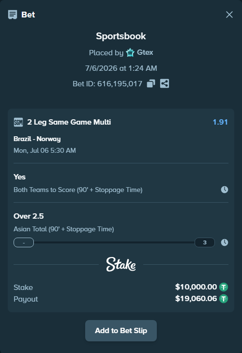 Bet slip: Brazil - Norway, $10,010.00 stake at 1.59 odds, placed by Gtex