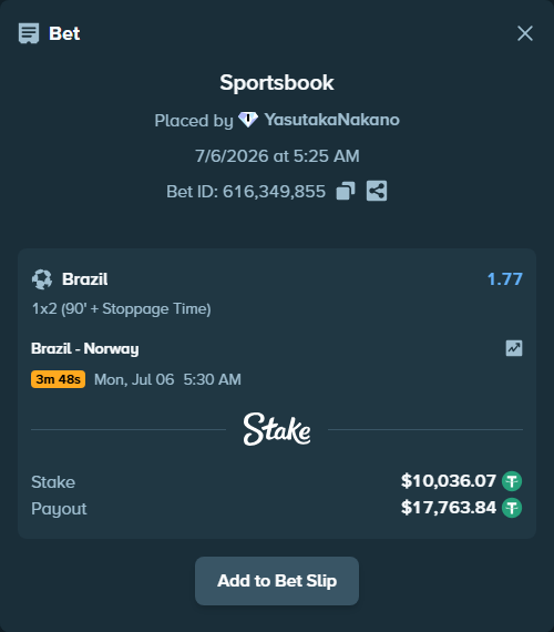 Bet slip: Brazil - Norway, $10,046.11 stake at 1.77 odds, placed by YasutakaNakano