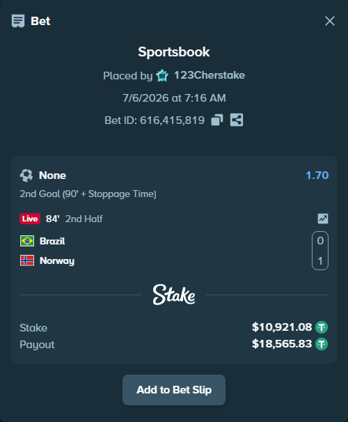 Bet slip: Brazil - Norway, $10,932.00 stake at 1.70 odds, placed by 123Cherstake