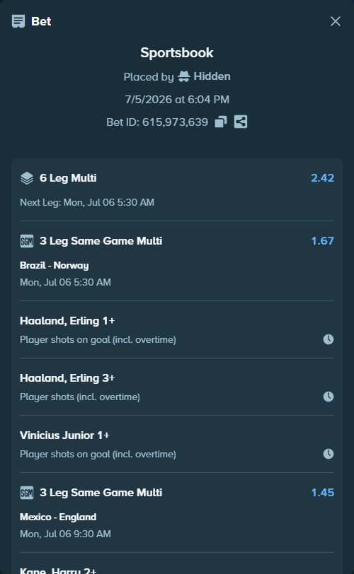 Bet slip: Brazil - Norway, $12,400.00 stake at 1.17 odds, placed by Hidden