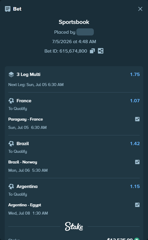 Bet slip: Brazil - Norway, $12,547.53 stake at 1.42 odds, placed by 9drakke