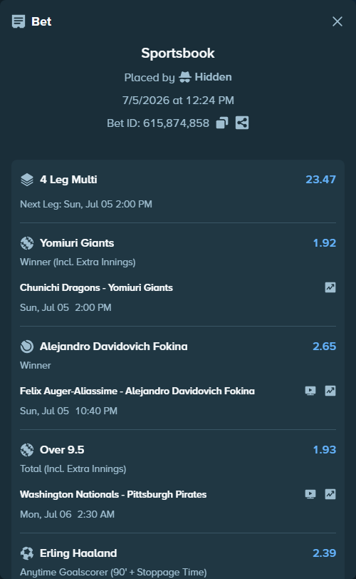 Bet slip: Brazil - Norway, $12,705.00 stake at 2.39 odds, placed by Hidden