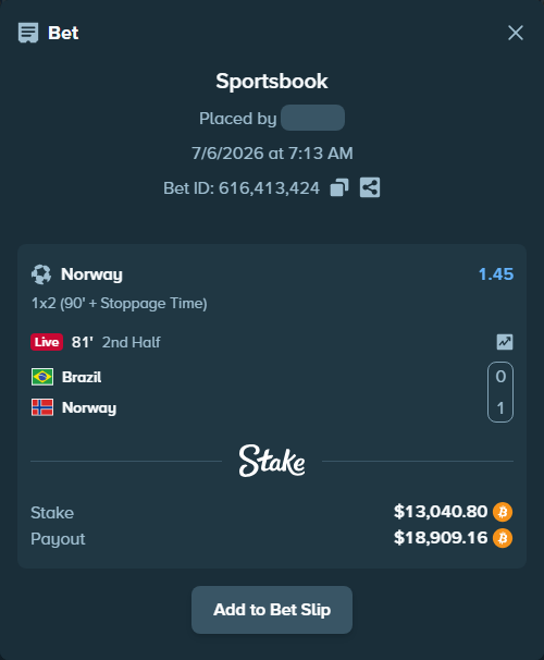 Bet slip: Brazil - Norway, $13,345.89 stake at 1.45 odds, placed by KZH163