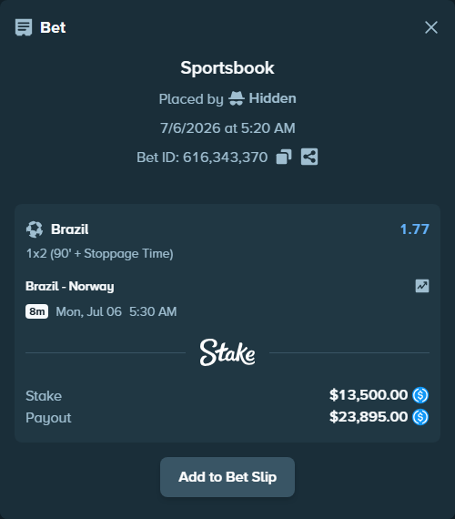 Bet slip: Brazil - Norway, $13,500.00 stake at 1.77 odds, placed by Lefzinatoren