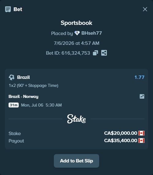 Bet slip: Brazil - Norway, $14,800.00 stake at 1.77 odds, placed by BHseh77