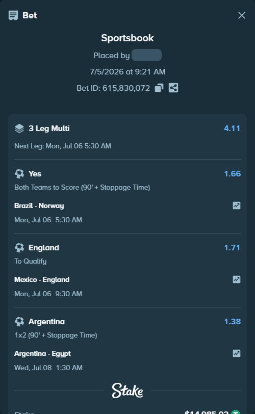 Bet slip: Brazil - Norway, $15,000.00 stake at 1.66 odds, placed by Slowbot321