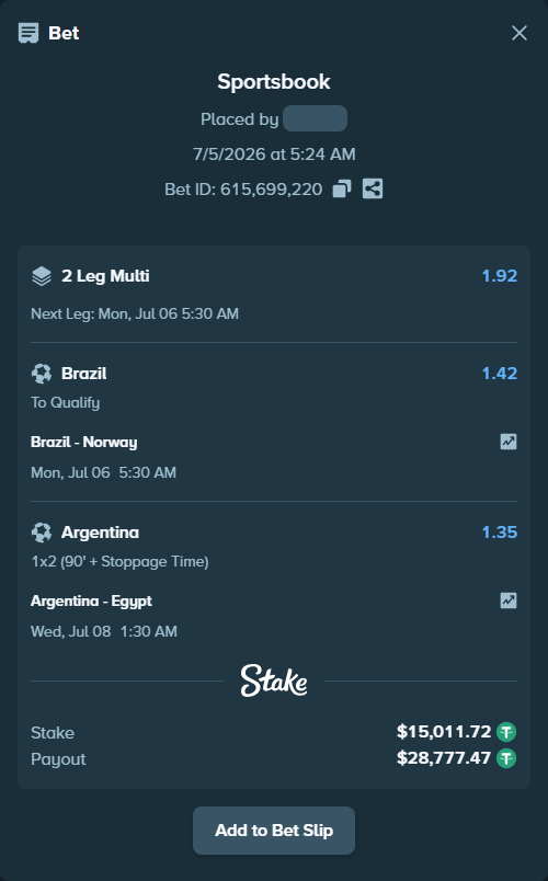 Bet slip: Brazil - Norway, $15,026.73 stake at 1.42 odds, placed by 9drakke