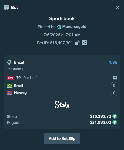 Bet slip: Brazil - Norway, $16,300.00 stake at 1.35 odds, placed by Monarcagold