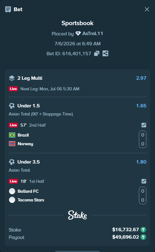 Bet slip: Brazil - Norway, $16,749.40 stake at 1.65 odds, placed by AsTraL11