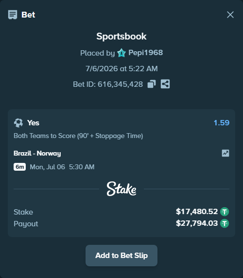 Bet slip: Brazil - Norway, $17,498.00 stake at 1.59 odds, placed by Pepi1968