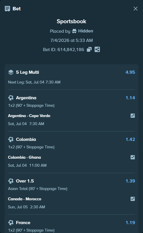 Bet slip: Brazil - Norway, $18,275.00 stake at 1.85 odds, placed by Hidden