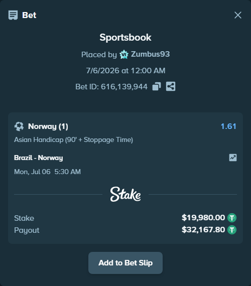 Bet slip: Brazil - Norway, $19,999.98 stake at 1.61 odds, placed by Zumbus93