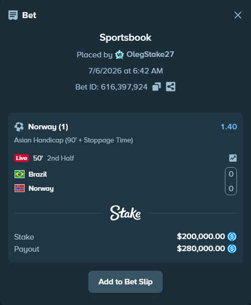 Bet slip: Brazil - Norway, $200,000.00 stake at 1.40 odds, placed by OlegStake27
