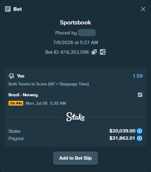 Bet slip: Brazil - Norway, $20,039.00 stake at 1.59 odds, placed by floutp451